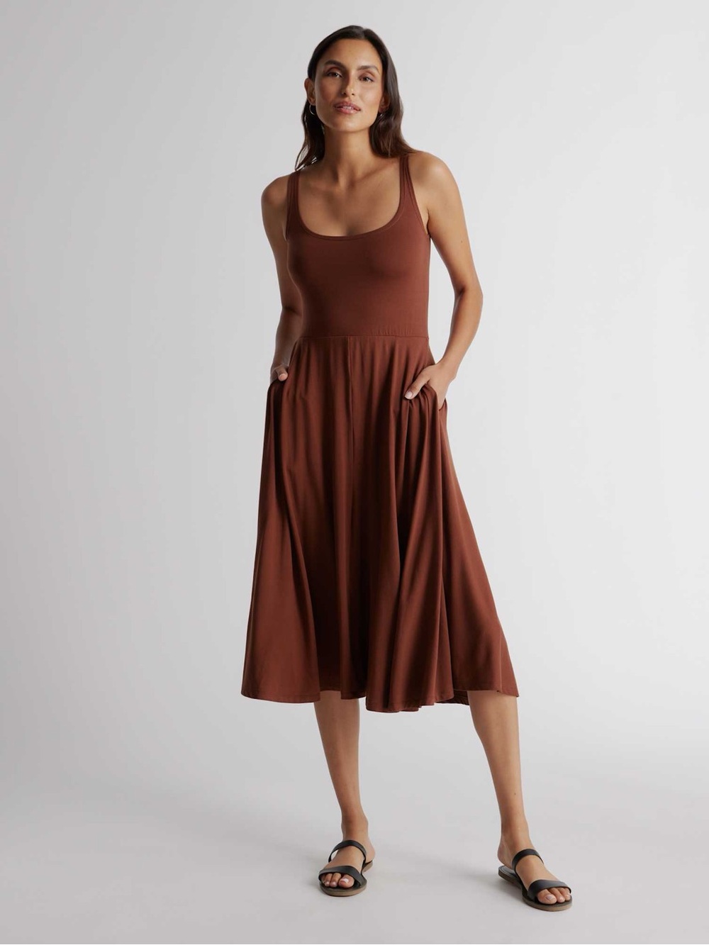 Quince Tencel Jersey Fit & Flare Dress Brown